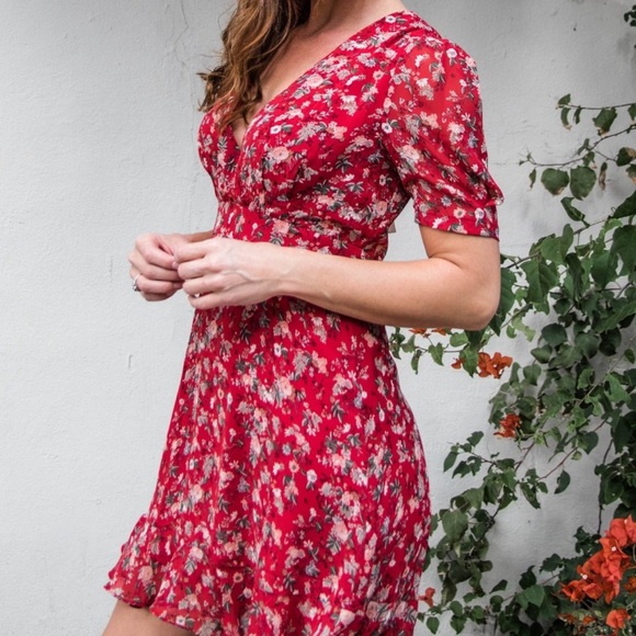 Red Ruffled Wrap Mini Dress with Puff Sleeves - Picture 3 of 7